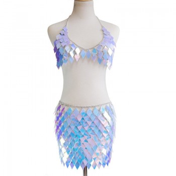 Bling Sequins Geometric Matching Sets Low Cut Backless Sleeveless Tops Drawstring Patchwork Mini Skirt Rave Festival 2 Piece Set